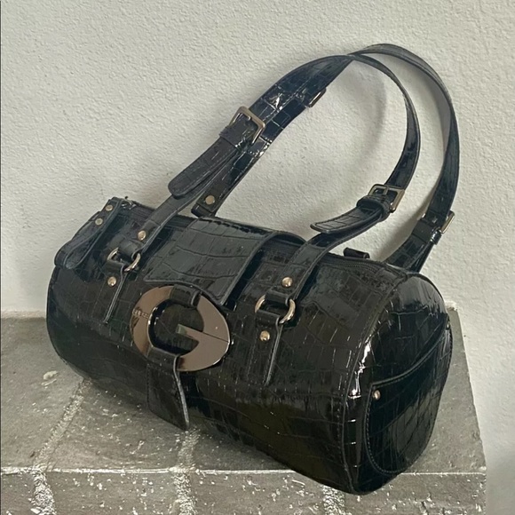 Guess Handbags - GUESS Black Patent Embossed Crocodile Design Barrel-Style HandBag - EUC